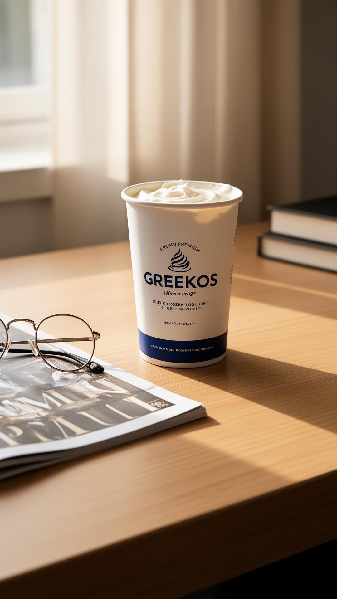 Vaso de yogurt griego helado GREEKOS sobre un escritorio de madera junto a una revista premium y unos lentes