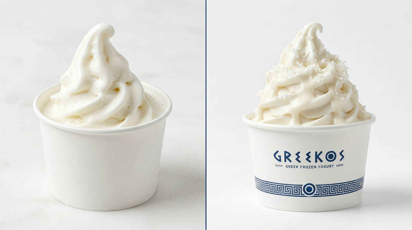 Comparativa macro de texturas: frozen yogurt acuoso a la izquierda y greek frozen yogurt denso a la derecha