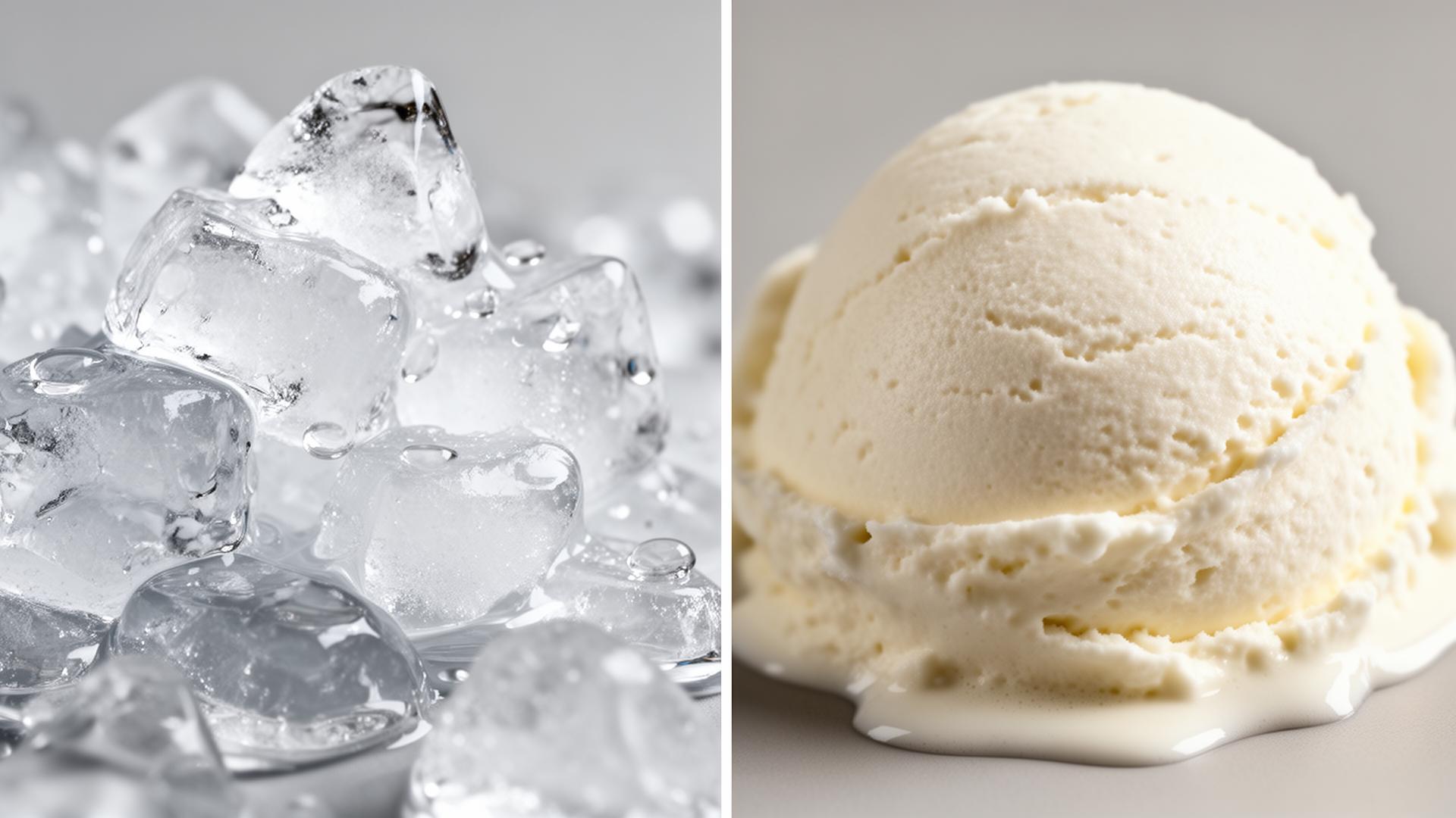Comparativa macro de texturas: frozen yogurt acuoso a la izquierda y greek frozen yogurt denso a la derecha